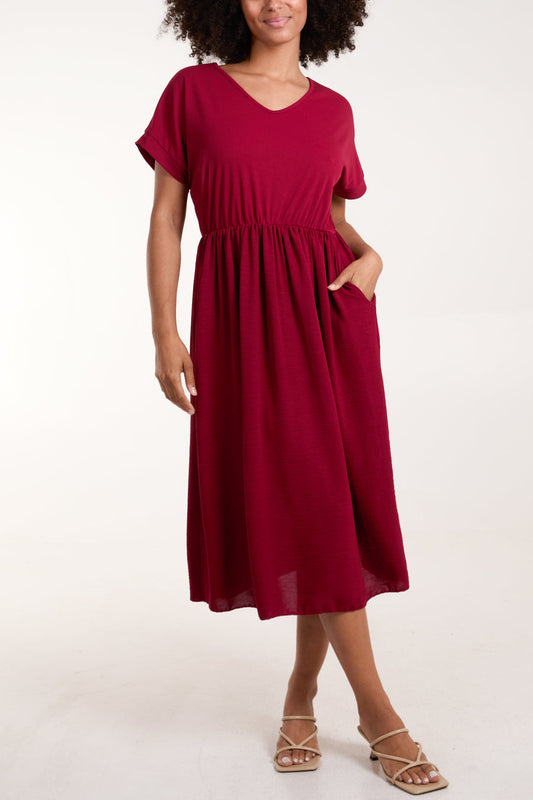 Elasticated Waist V Neck Pocket Midi Dress