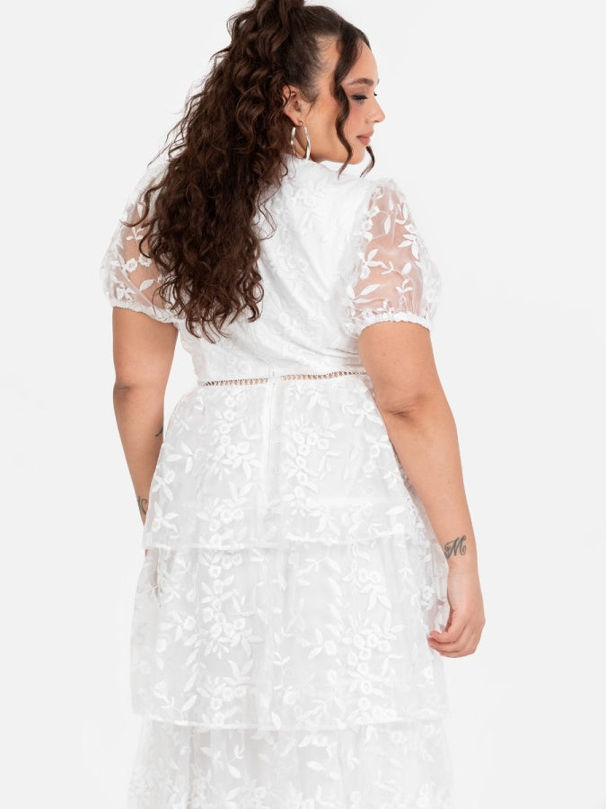 Maya White Floral Embroidered Tiered Midi Dress