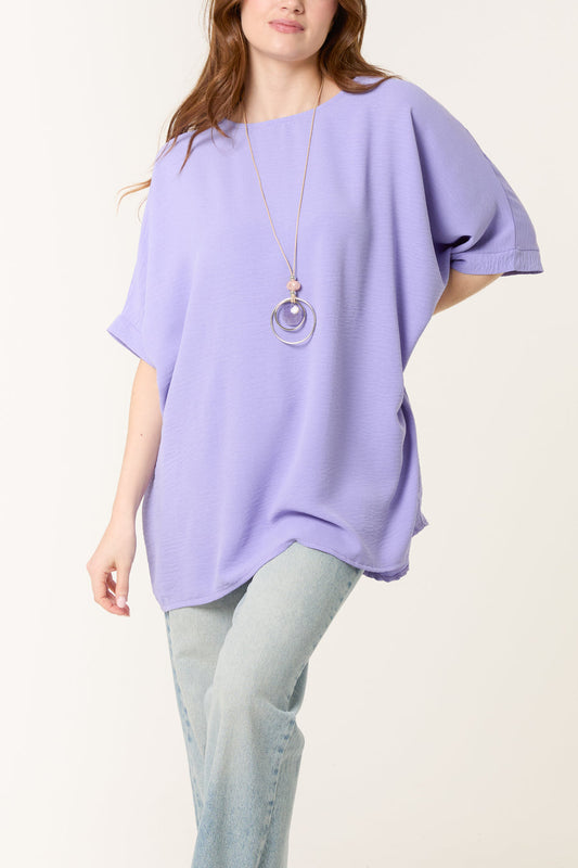Batwing Short Sleeve Top With Necklace