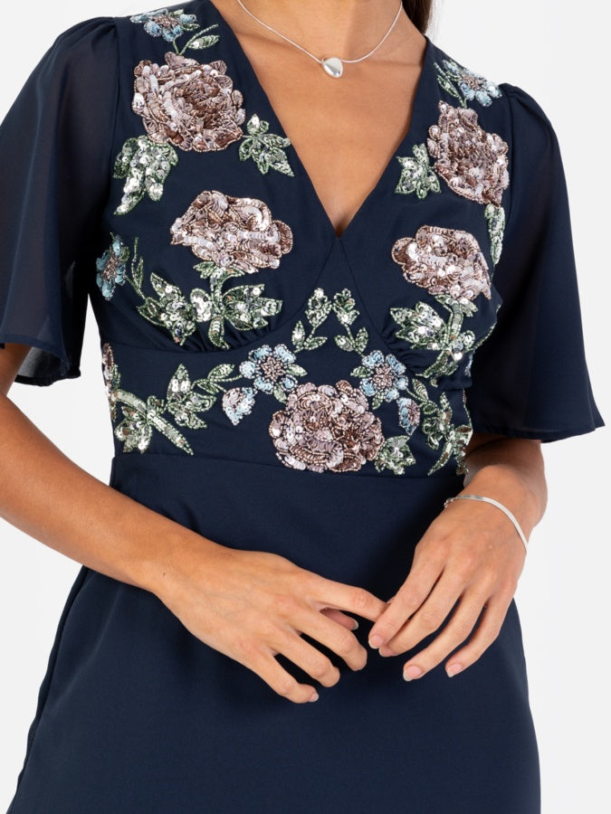 Maya Navy Floral Embellished Maxi Dress With Front Slit