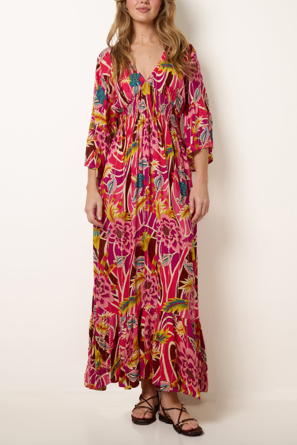 V-Neck Floral Shirred Maxi Dress
