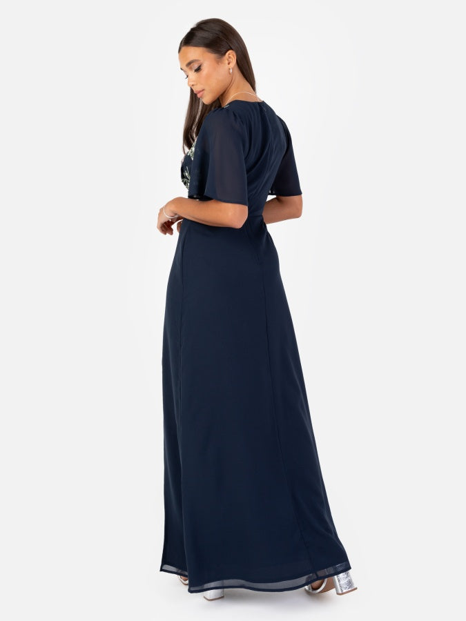 Maya Navy Floral Embellished Maxi Dress With Front Slit