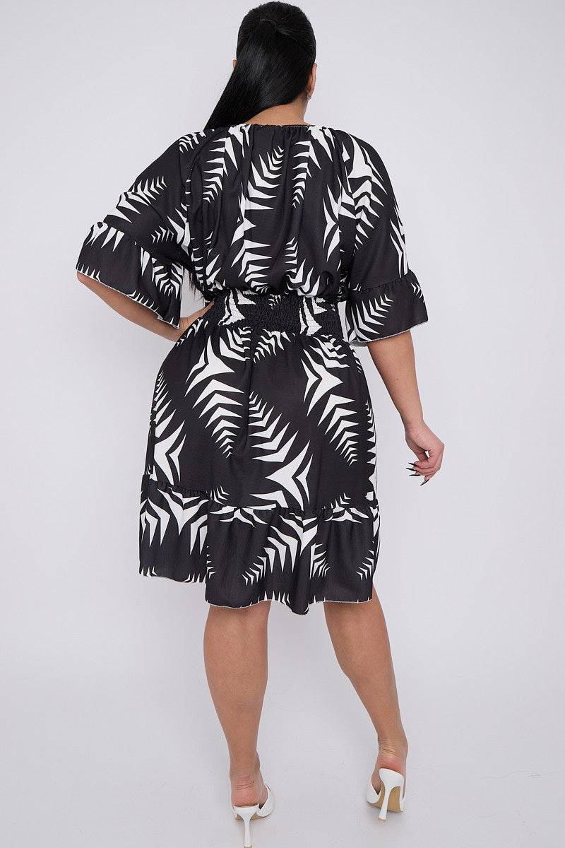 Black Leaf Shirred Dress