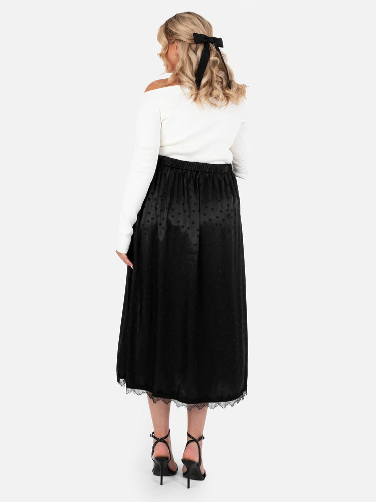 Lovedrobe Black Polka Dot Satin Skirt With Lace Trims