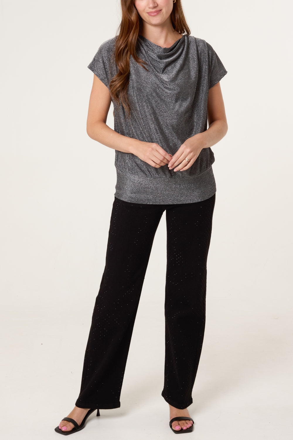 Cowl Neck Metallic Draped Top