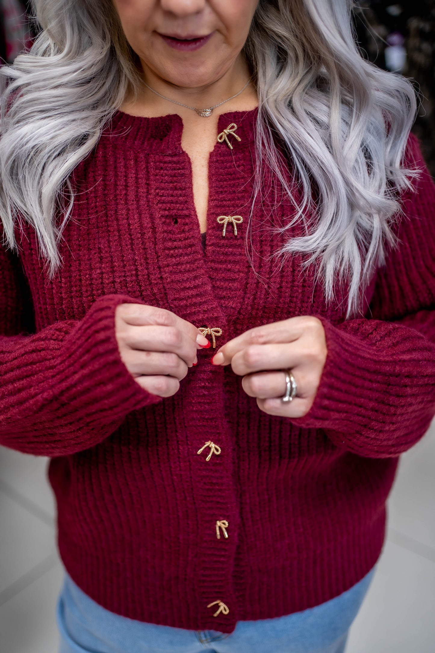 Lovedrobe Bow Button Round Neck Cardigan