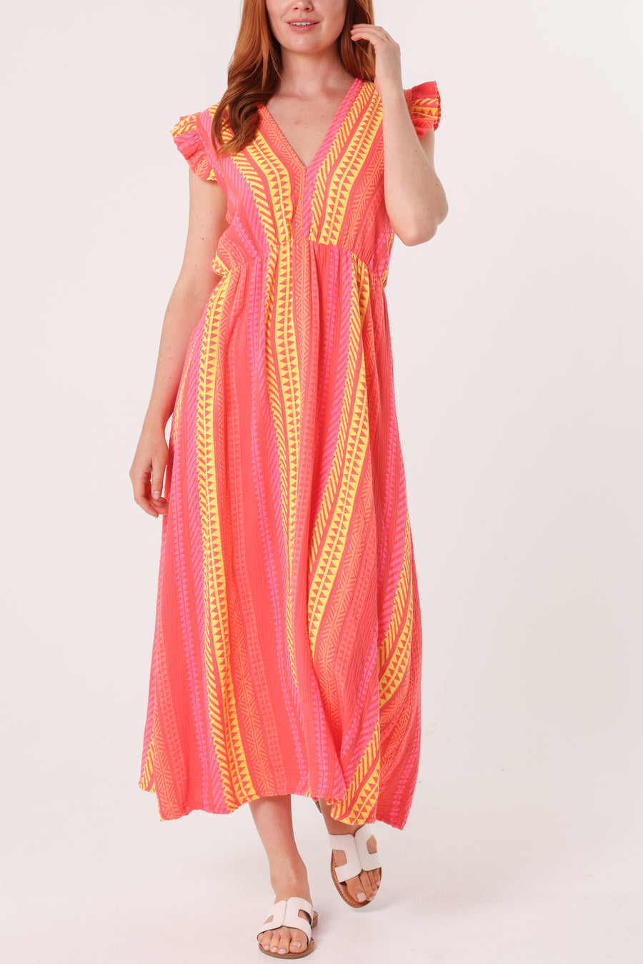Aztec Print Frill Sleeve Cotton Dress