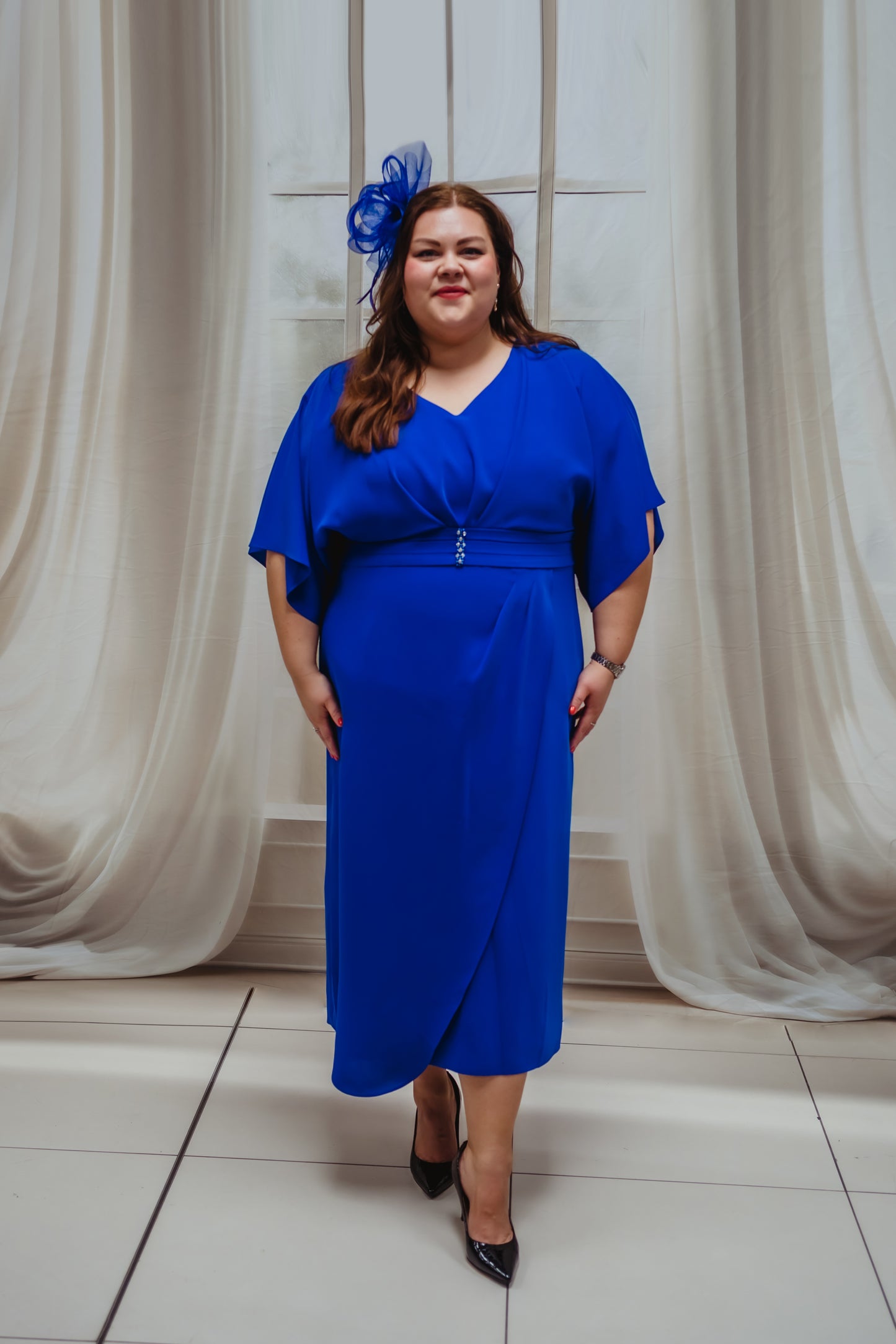 Lizabella Chiffon Dress With Pleated Waist And Diamonte Detail