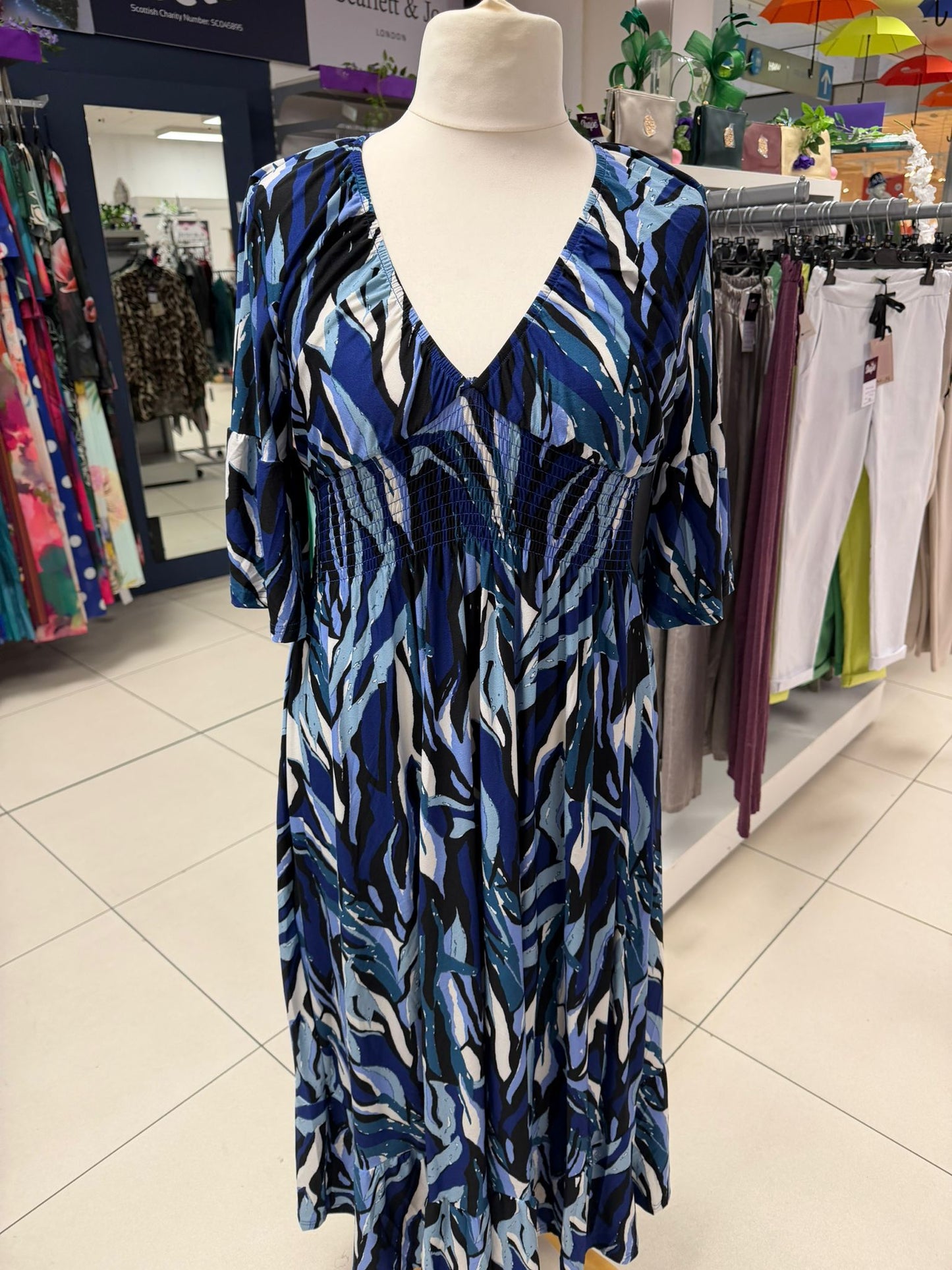 V Neck Shirred Navy Abstract Maxi Dress