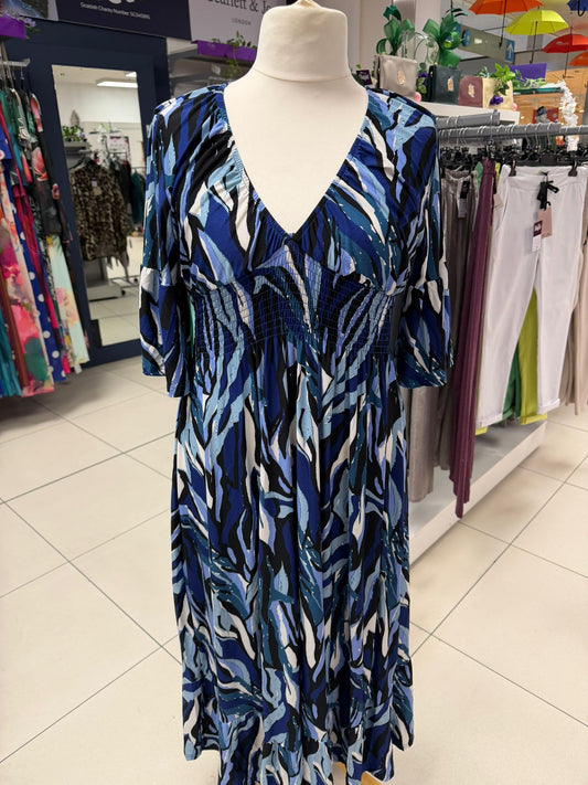 V Neck Shirred Navy Abstract Maxi Dress