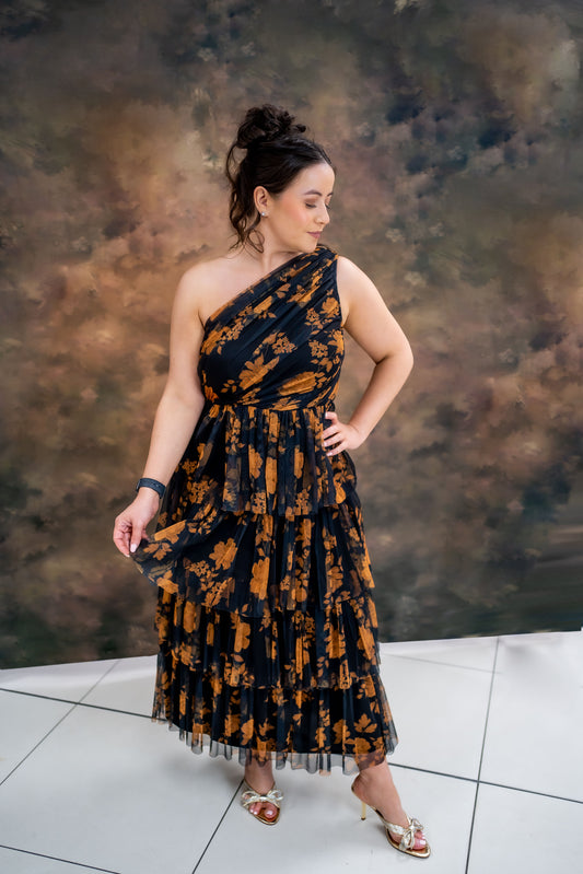 Anaya Floral One Shoulder Tiered Midi Dress
