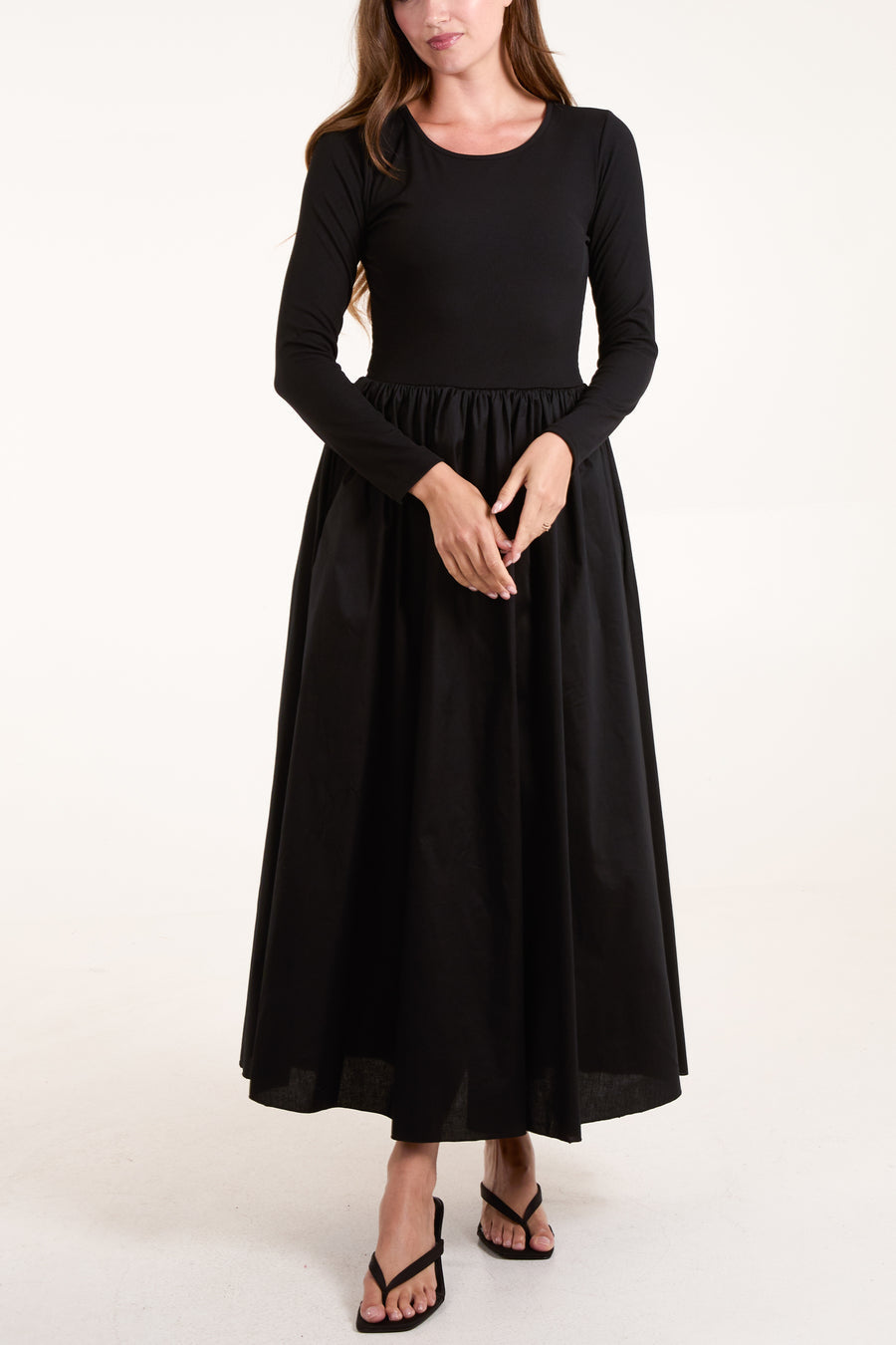 Long Sleeve Ribbed Bodice Midi Dress