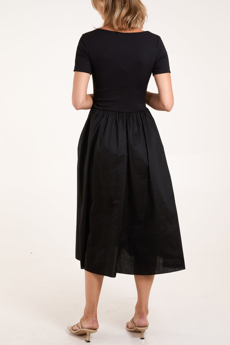 Short Sleeve Ribbed Bodice Midi Dress