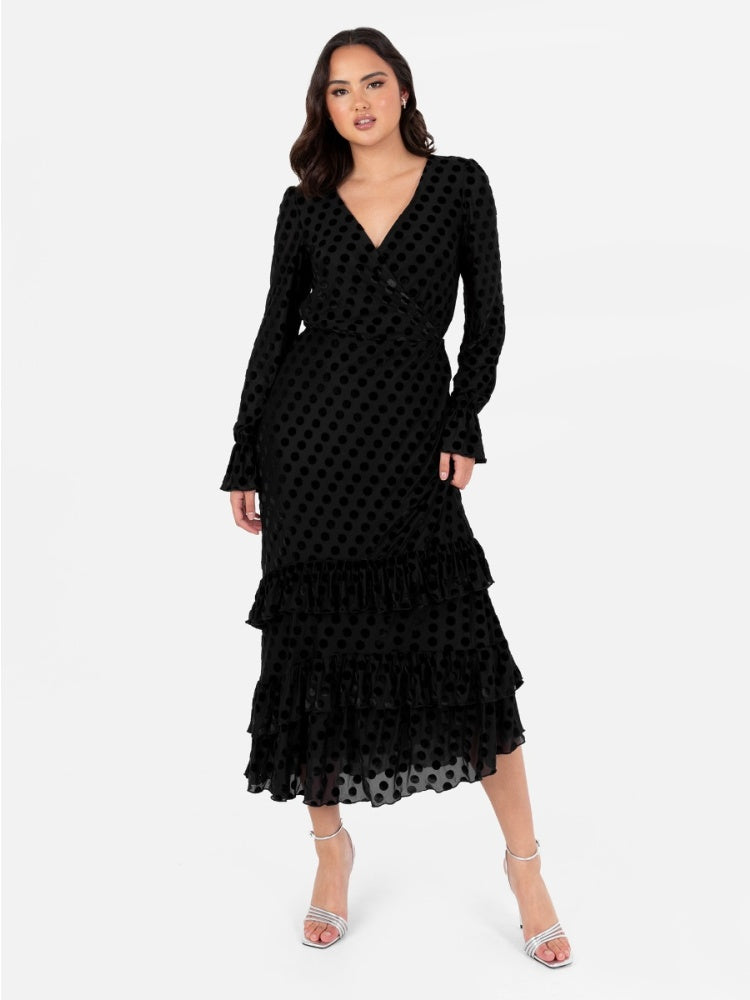 Lovedrobe Black Flocked Polka Dot Midaxi Dress