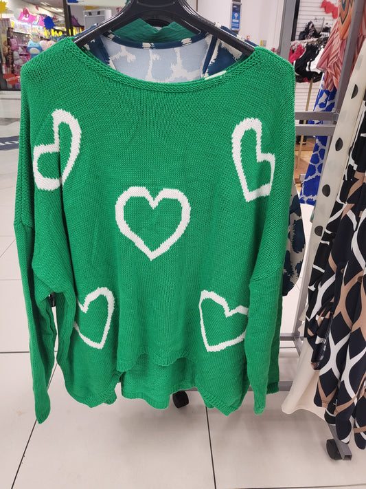 Green Chunky Knit Heart Print Jumper