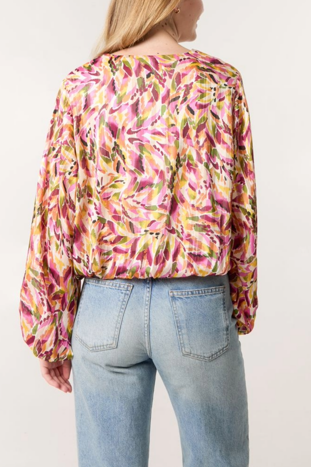 Multicolour V Neck Puffball Blouse