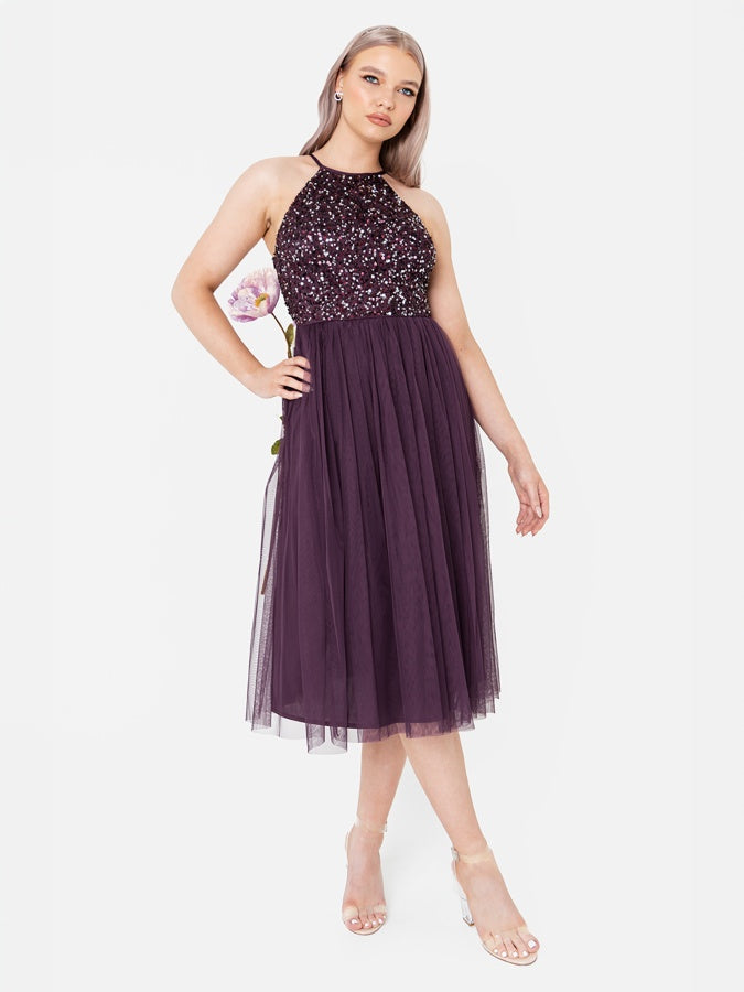 Maya Berry Embellished Halter Midi Dress