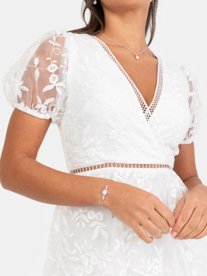 Maya White Floral Embroidered Tiered Midi Dress