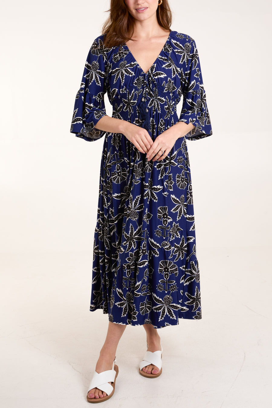 Leaf Print Tie Front Shirred Dress