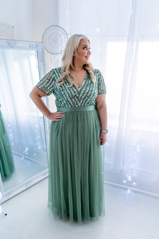 Maya Dark Sage Stripe Embellished Maxi Dress With Sash Belt