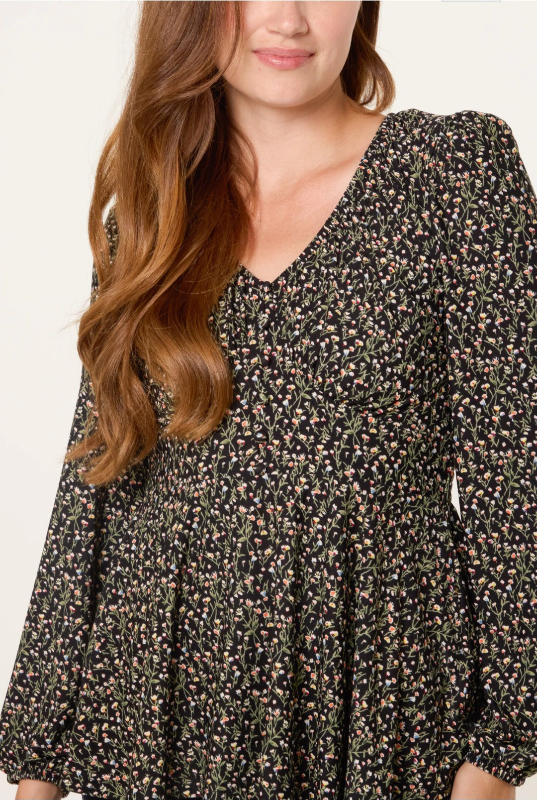 Ditsy Floral Peplum Long Sleeve Blouse