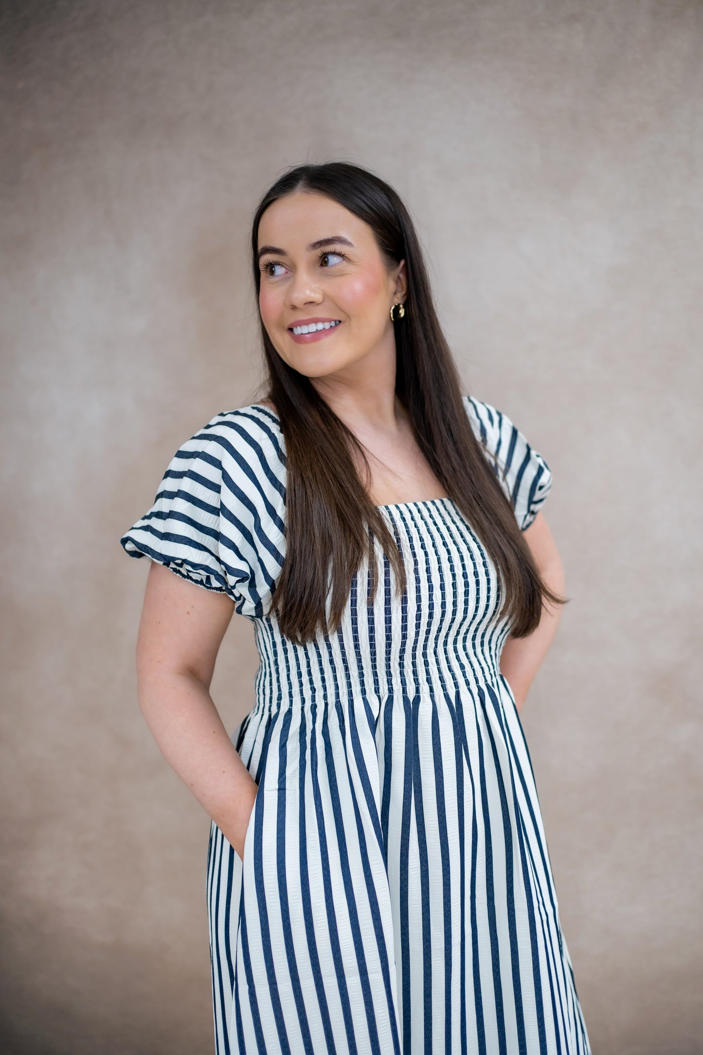 Square Neck Navy Stripe Midi Dress