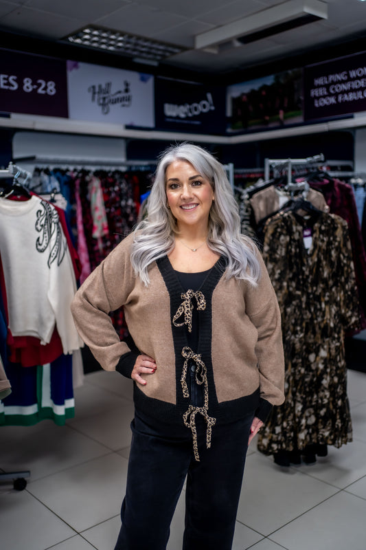 Lovedrobe Contrast Edge & Animal Print Ribbon Tie Cardigan