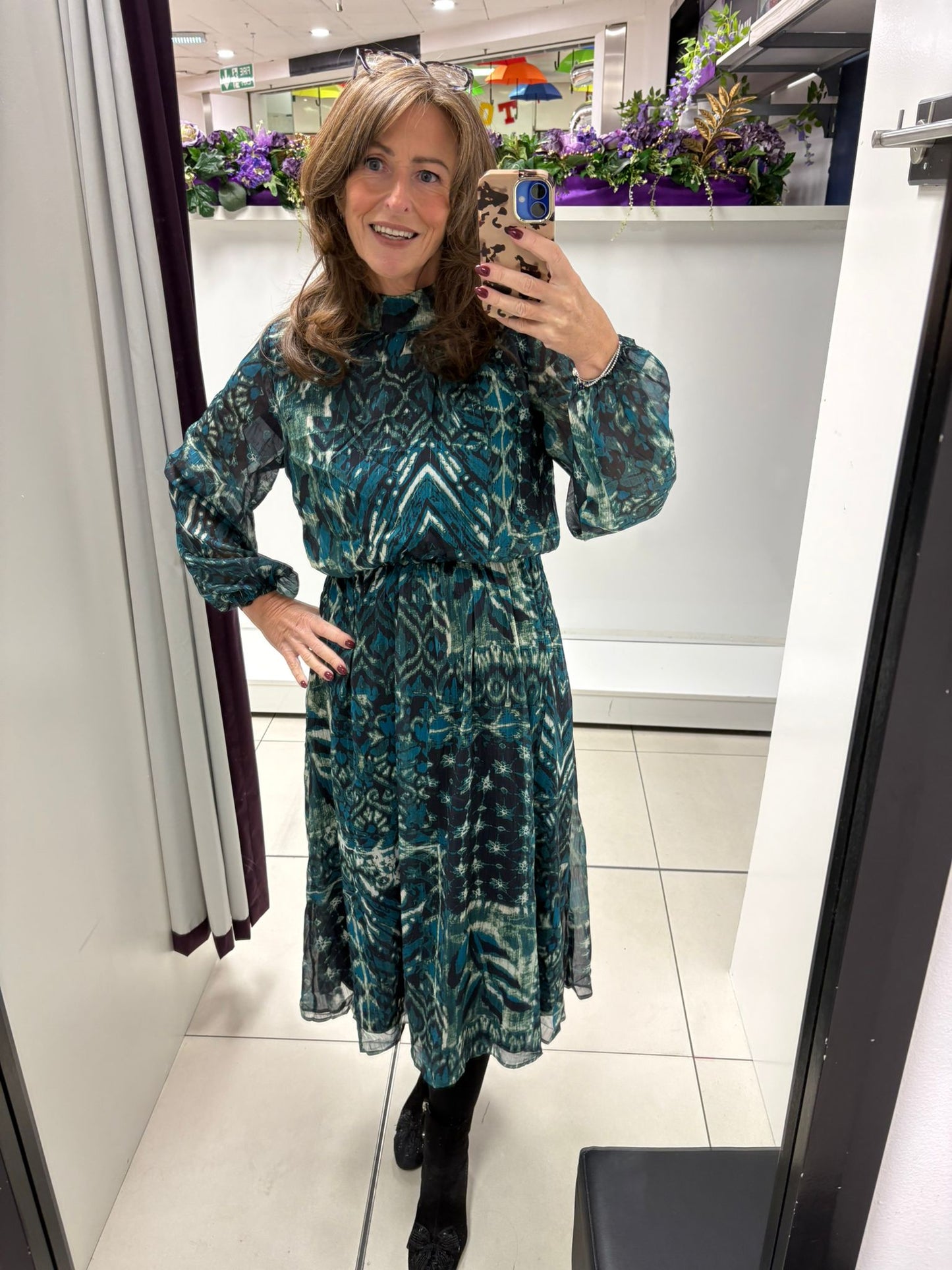 Abstract Leaf Print Puffball High Neck Dress