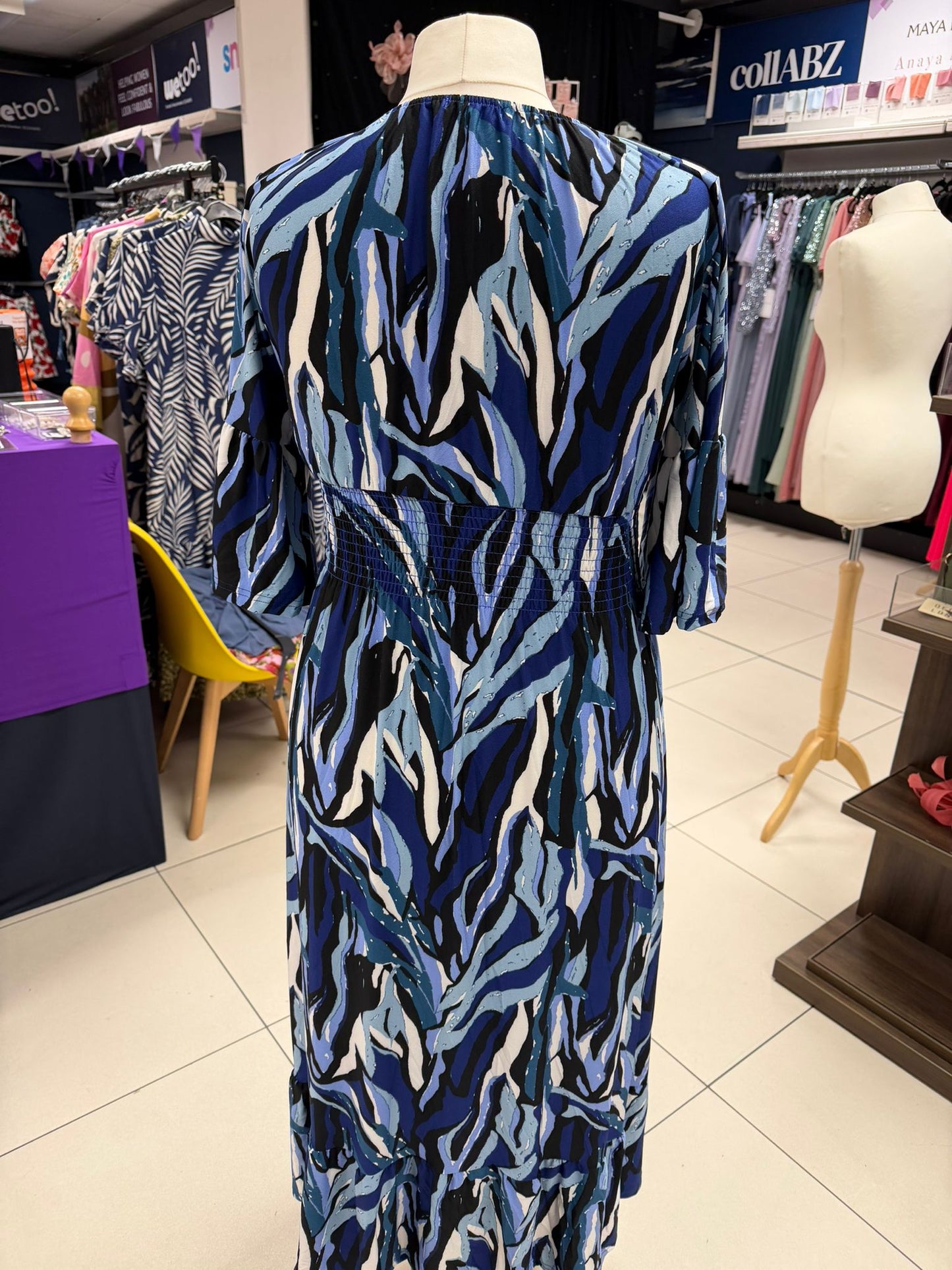 V Neck Shirred Navy Abstract Maxi Dress