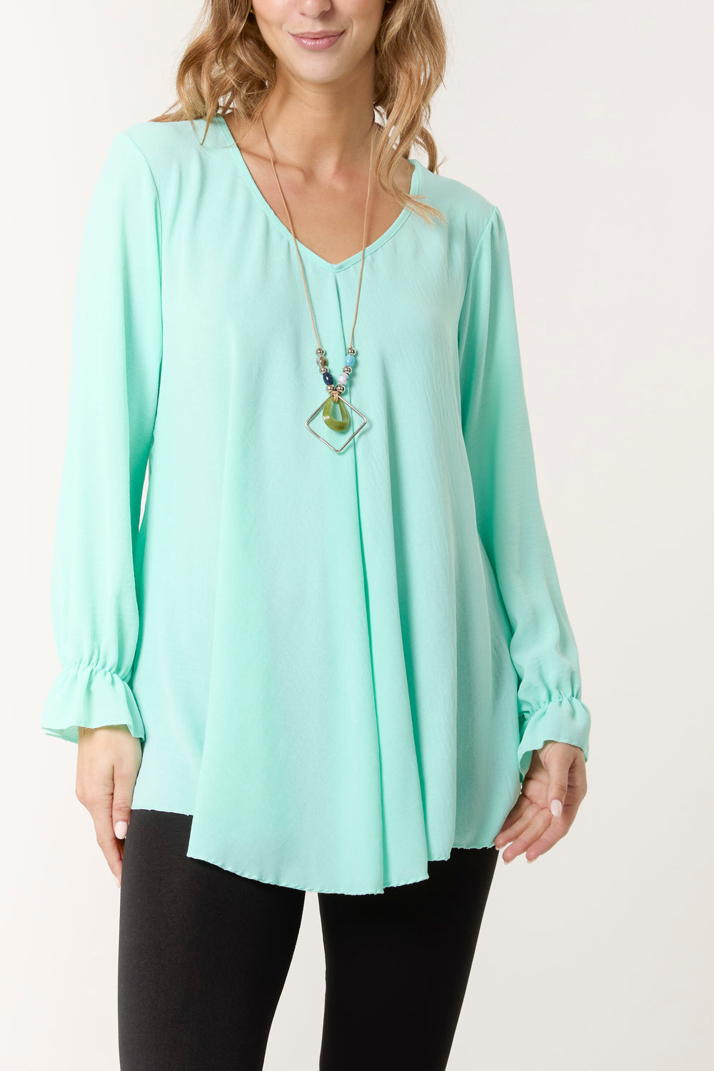 V Neck Bell Sleeve Blouse With Necklace