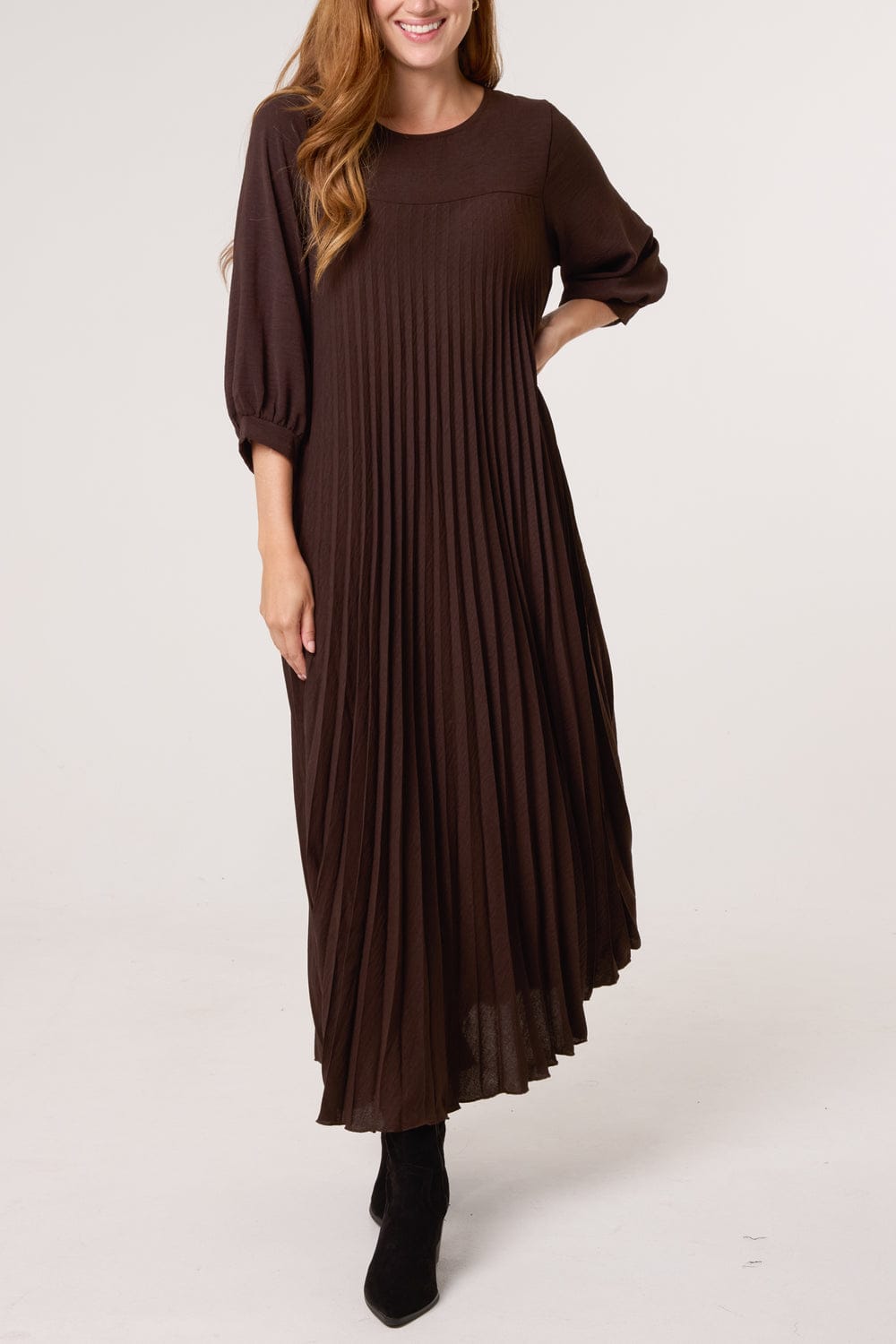 Long Sleeve Pleated Maxi Dress With Pockets