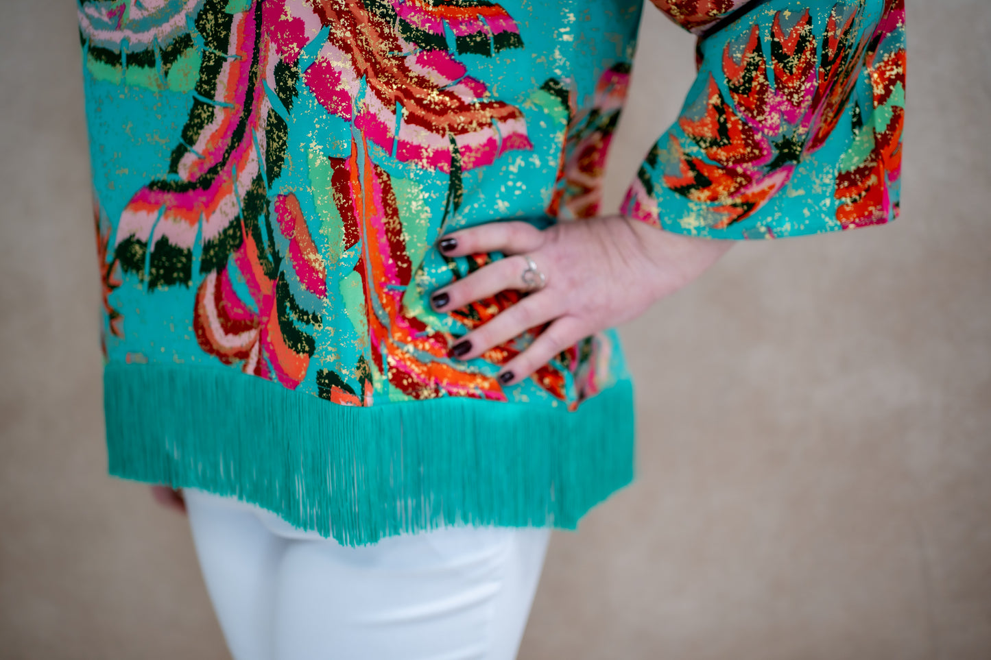Malissa J Green Multi Woven Top With Tassel Hem
