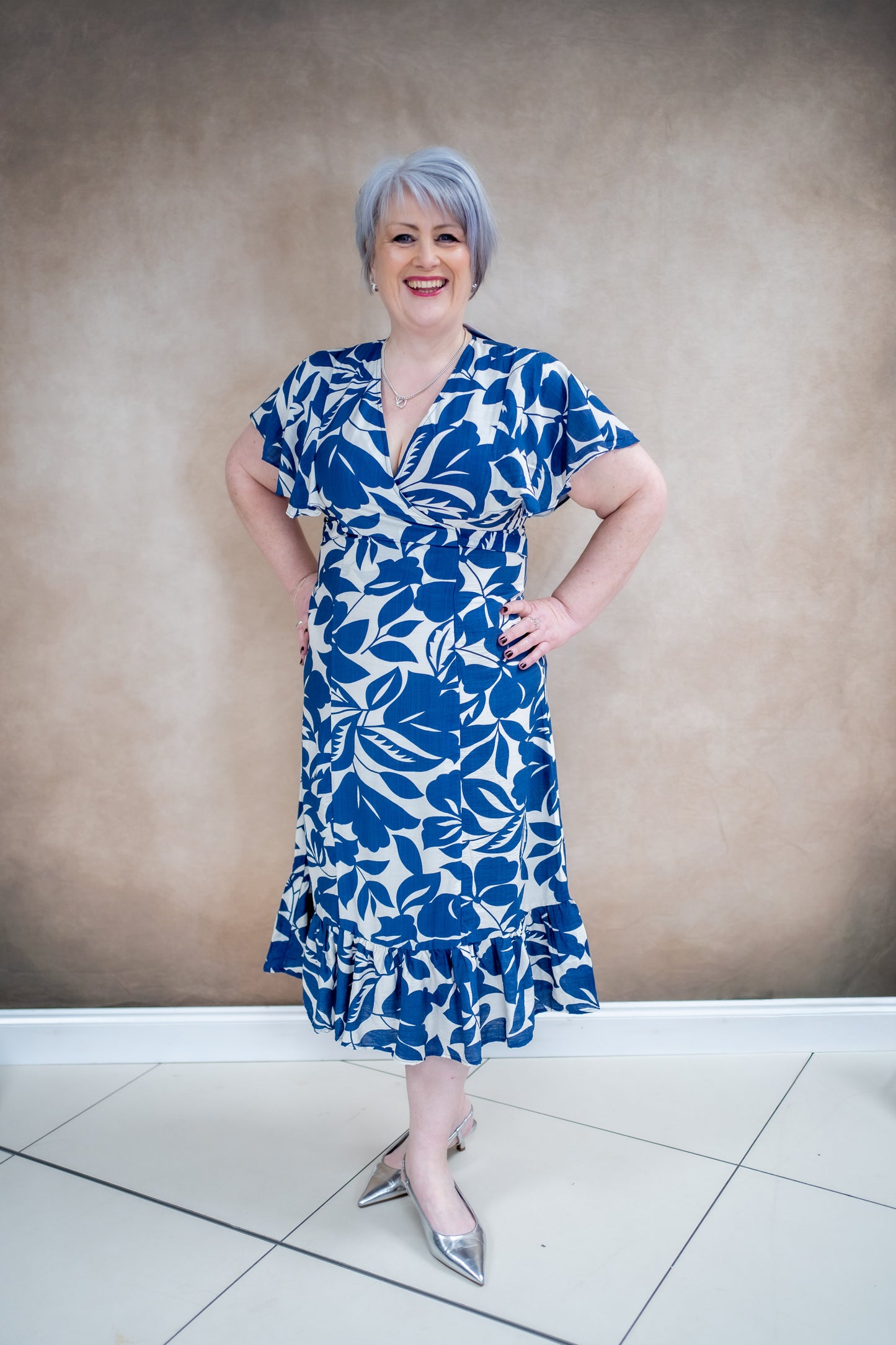Wrap Front Navy Leaf Print Midi Dress