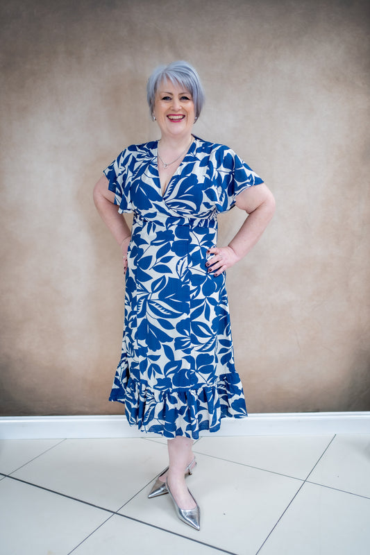 Wrap Front Navy Leaf Print Midi Dress