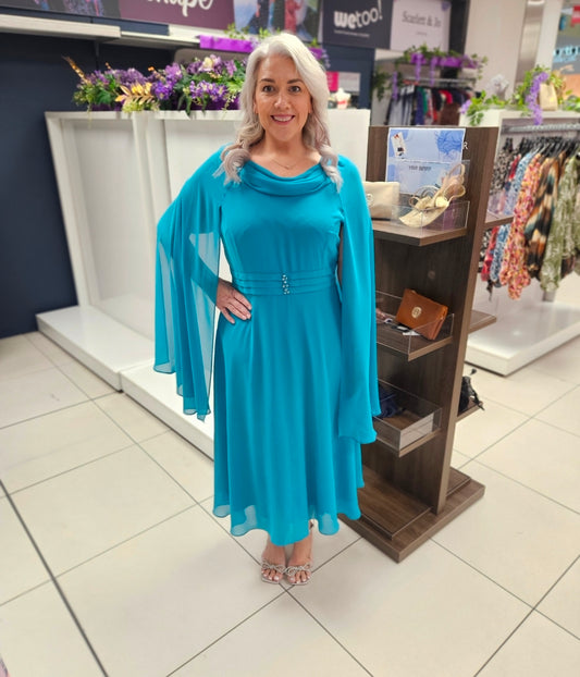 Lizabella Turquoise Boat Neck Dress With Cape Sleeves