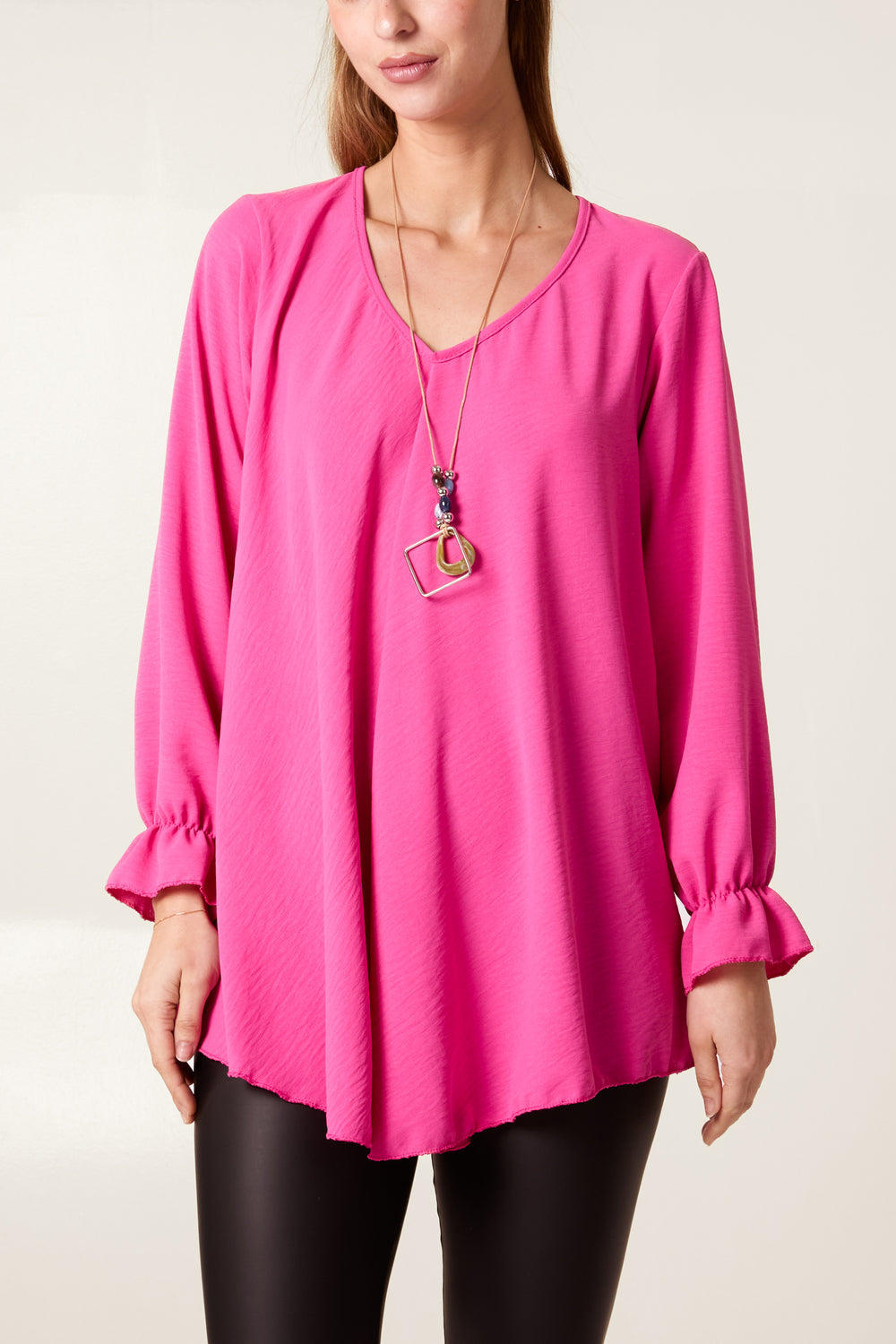 V Neck Bell Sleeve Blouse With Necklace