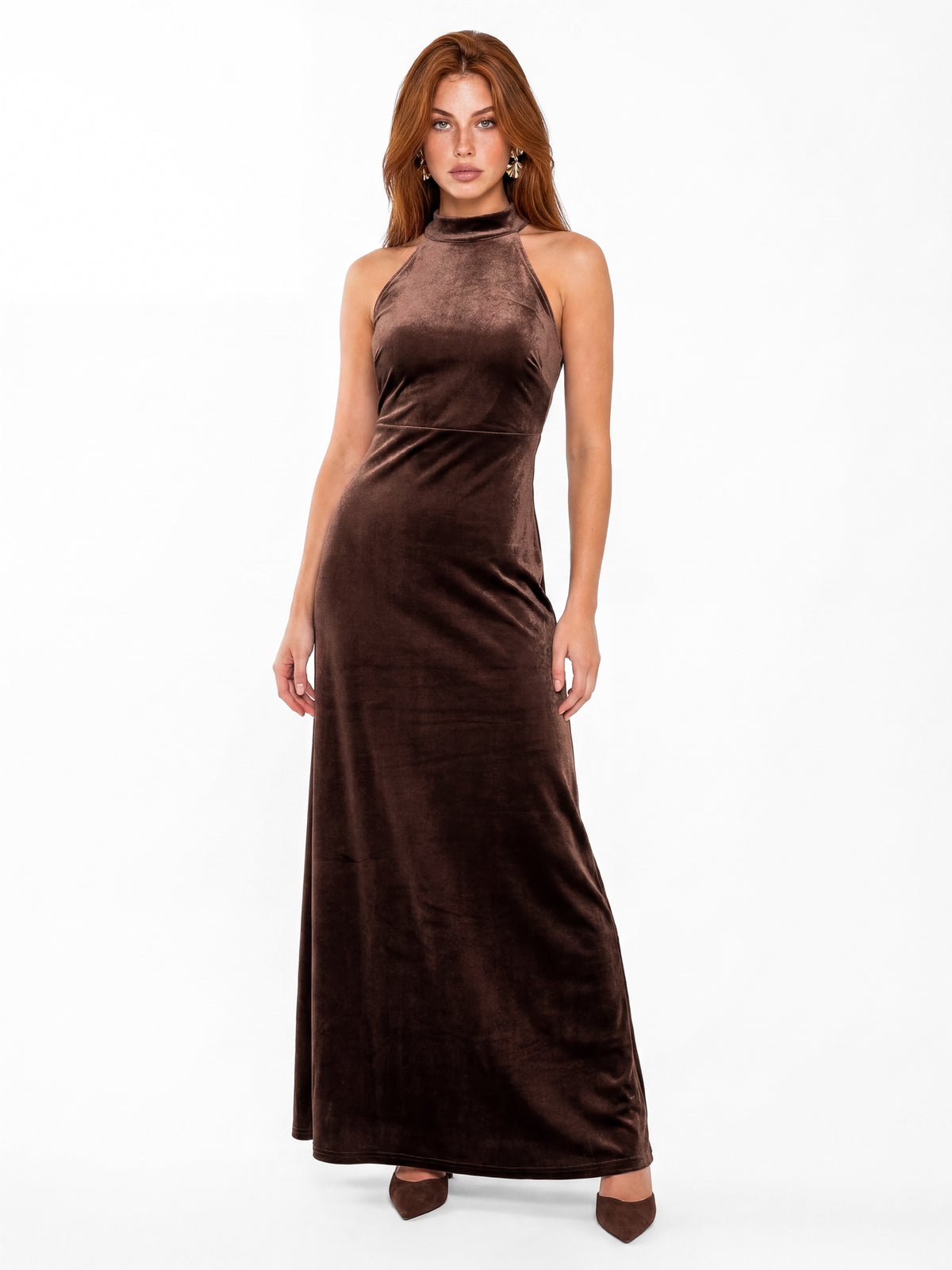 Maya Brown Halter Neck Velvet Maxi Dress