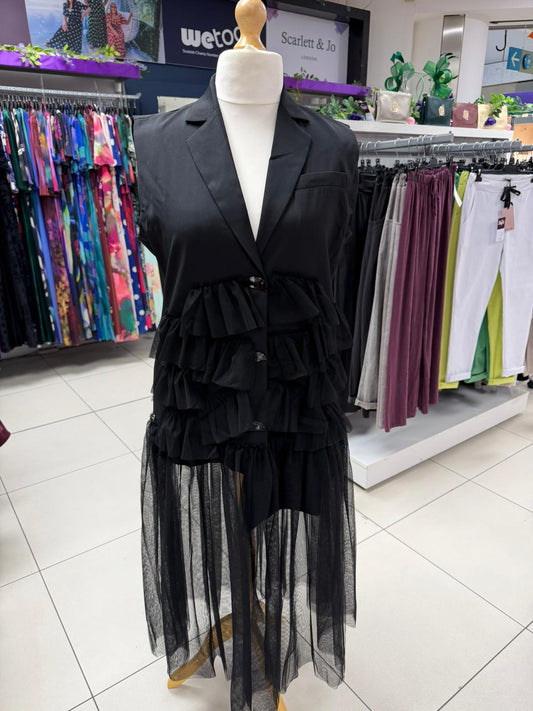 Malissa J Black Dress Coat With Mesh Ruffles