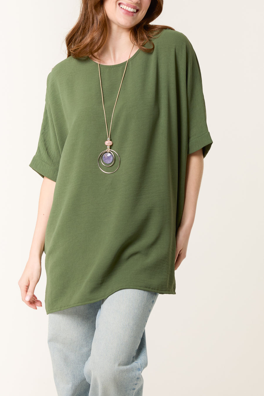 Batwing Short Sleeve Top With Necklace