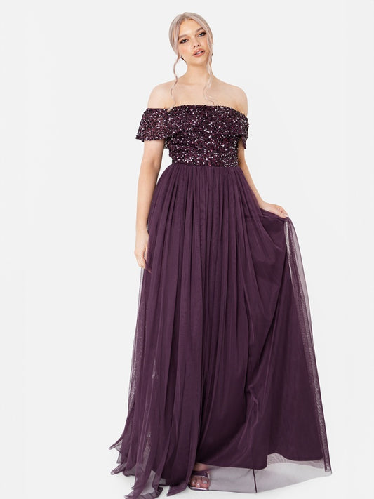 Maya Berry Embellished Bardot Maxi Dress