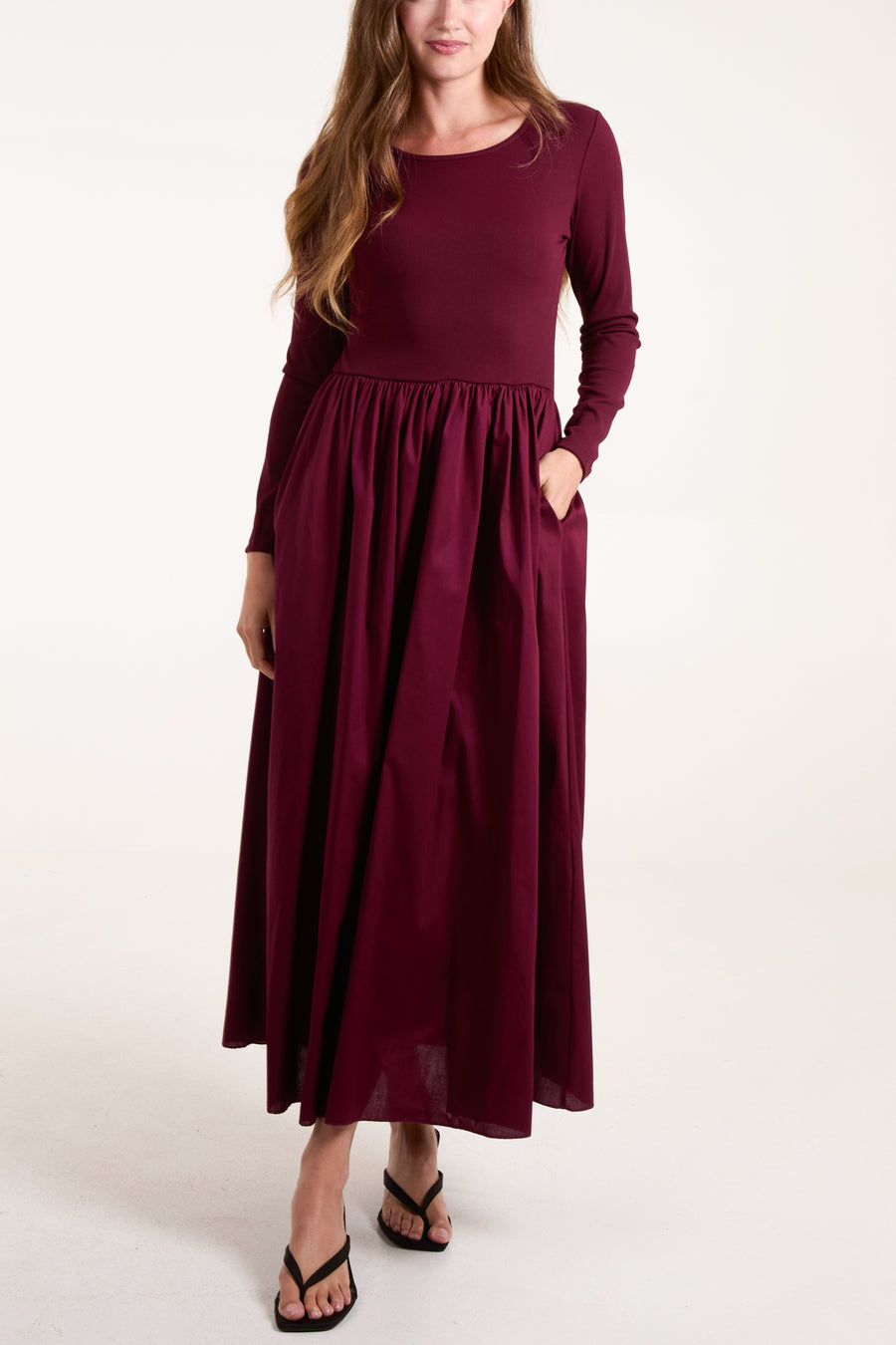 Long Sleeve Ribbed Bodice Midi Dress