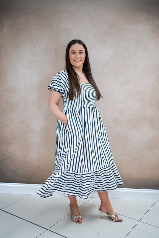 Square Neck Navy Stripe Midi Dress