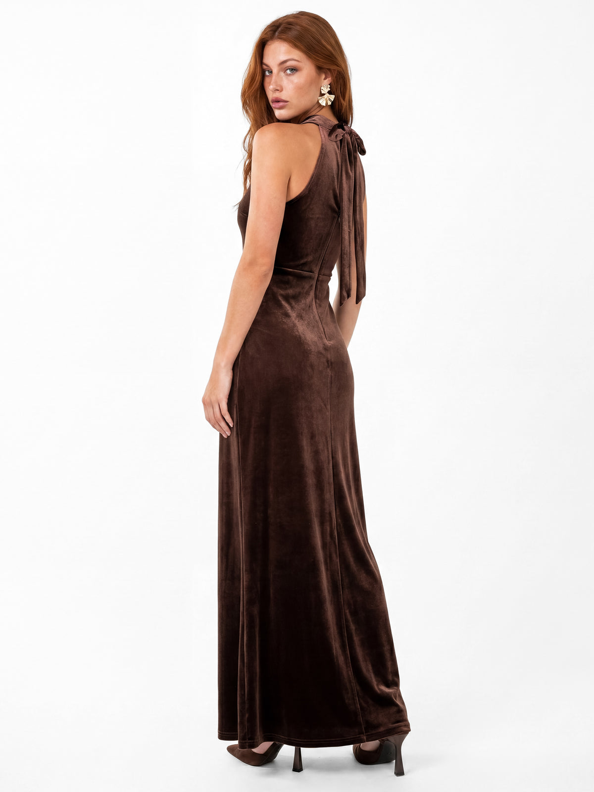 Maya Brown Halter Neck Velvet Maxi Dress