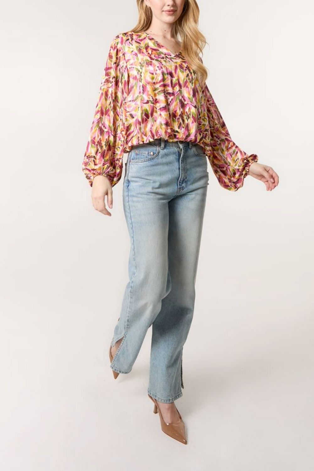 Multicolour V Neck Puffball Blouse