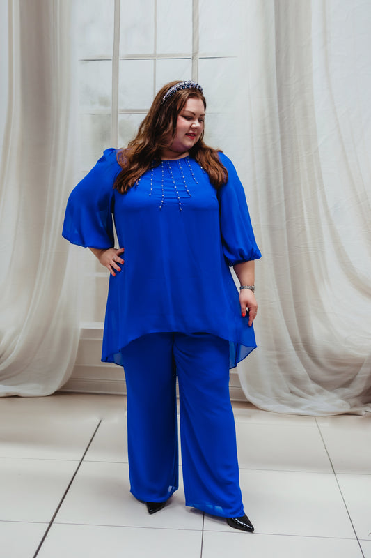 Lizabella Royal Blue Chiffon Trouser Suit With Diamonte Detail