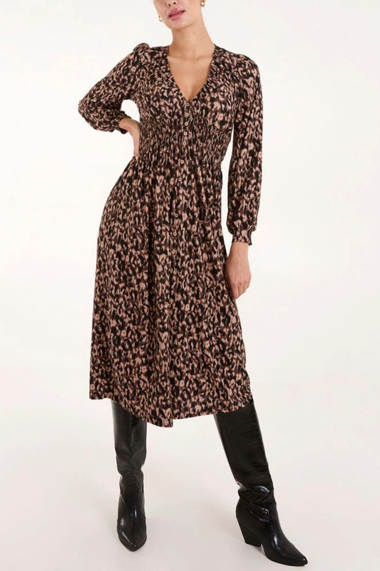 Animal Front Button Midi Dress