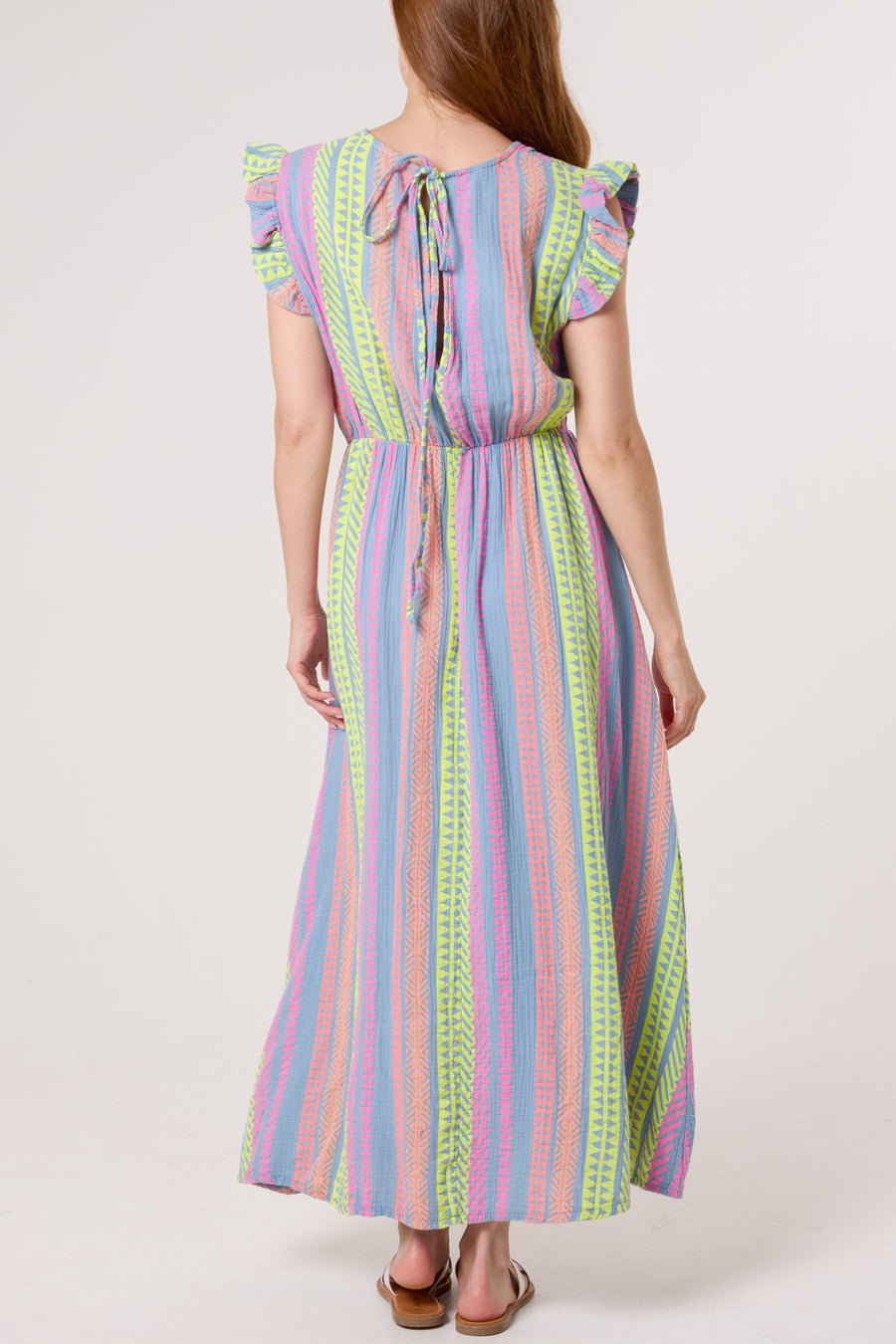 Aztec Print Frill Sleeve Cotton Dress