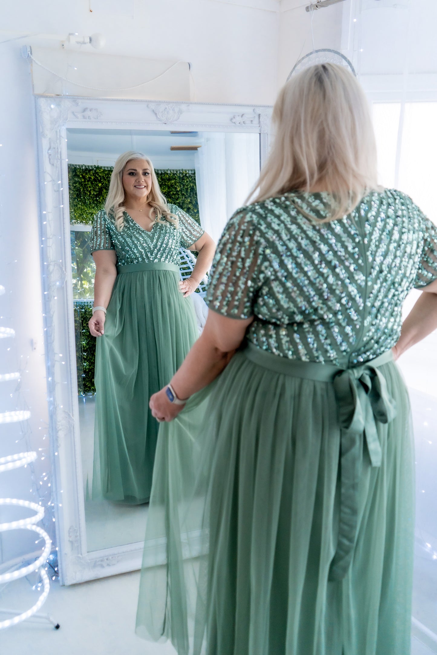 Maya Dark Sage Stripe Embellished Maxi Dress With Sash Belt