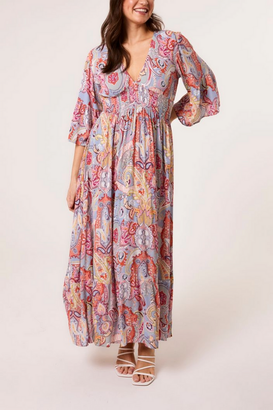 Floral and Paisley Print Shirred Maxi Dress