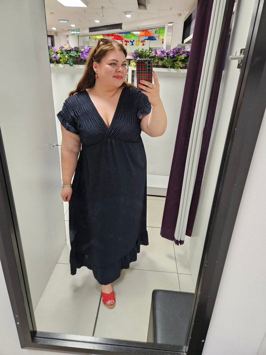 Double V Neck Shirred Bodice Maxi Dress